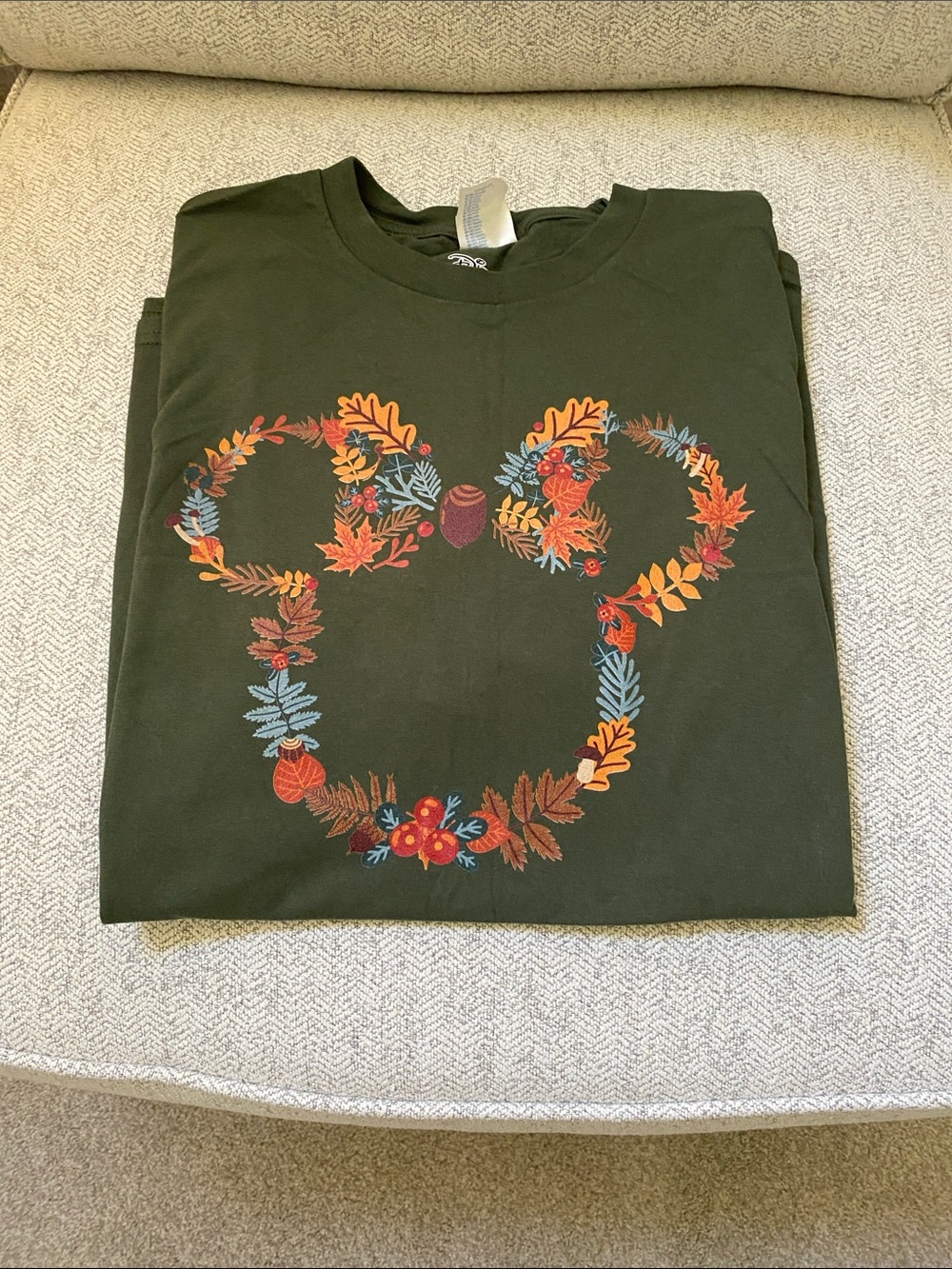Disney Olive Green Short Sleeve Tee with Floral Mickey Silhouette